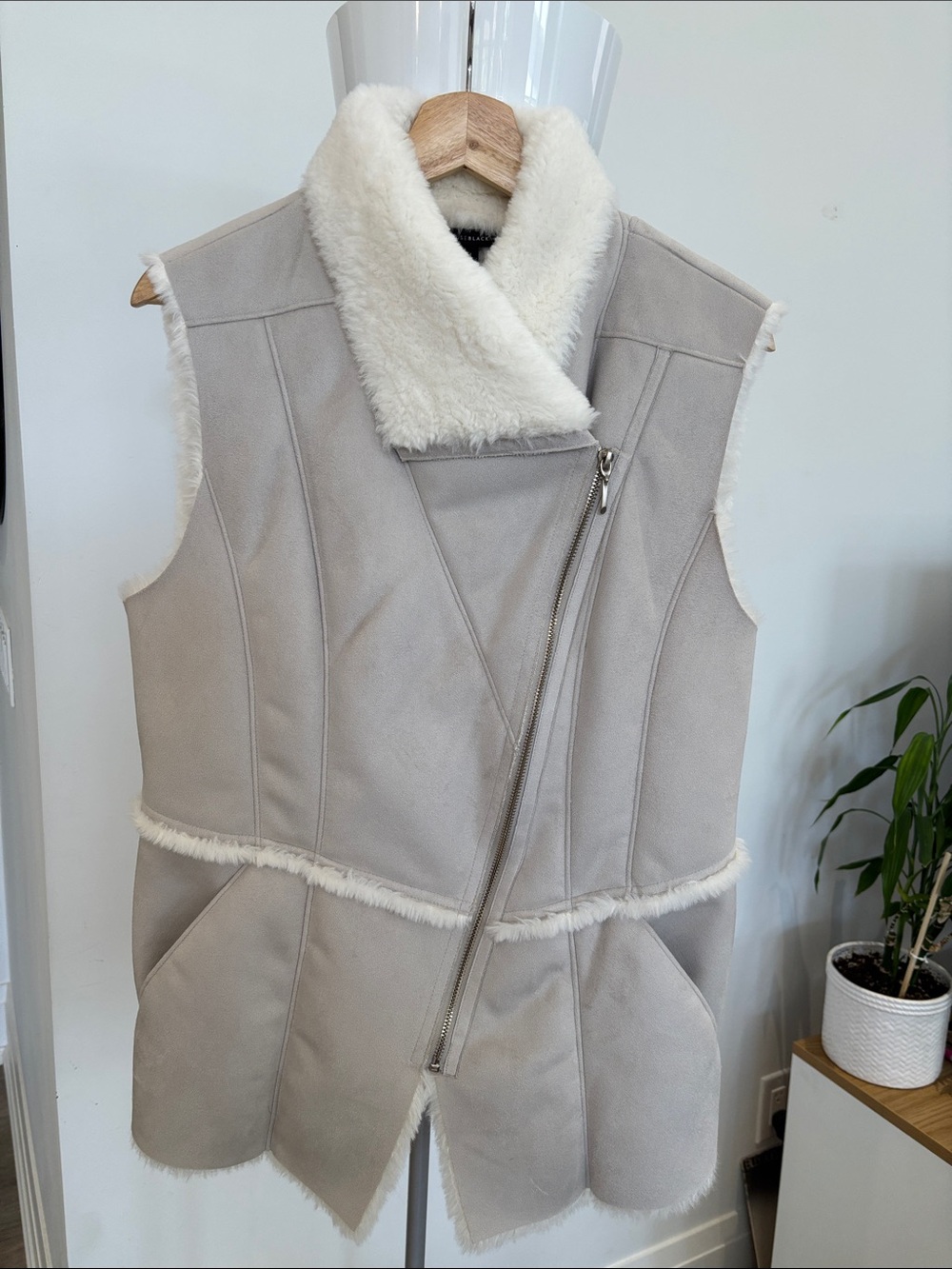 White House Black Market Light Taupe Faux-Shearling Vest